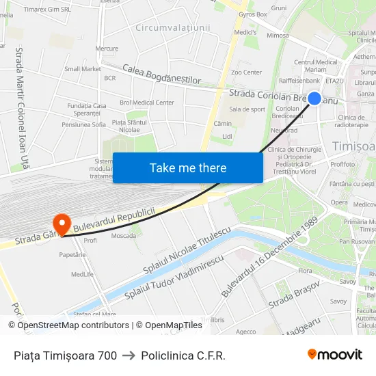 Piața Timișoara 700 to Policlinica C.F.R. map