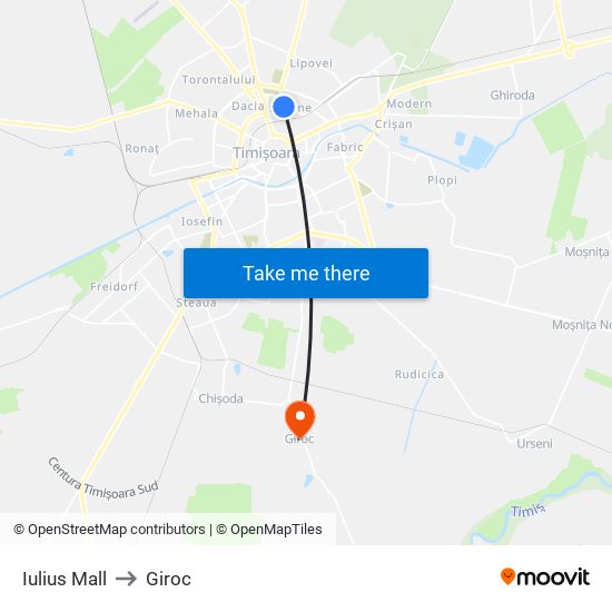 Iulius Mall to Giroc map