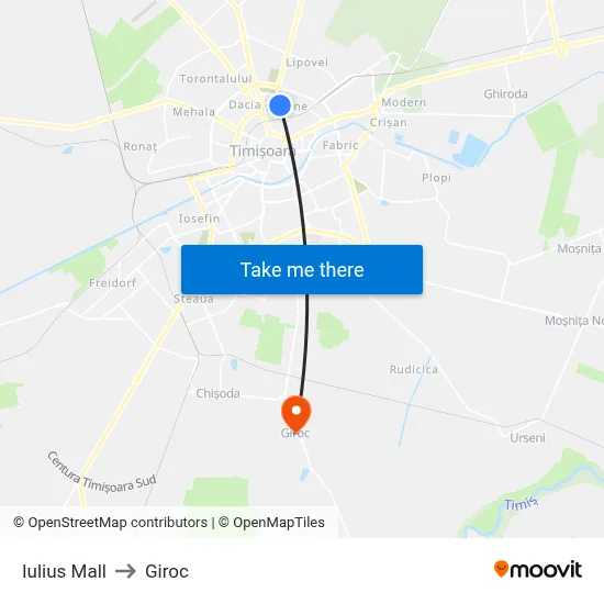Iulius Mall to Giroc map