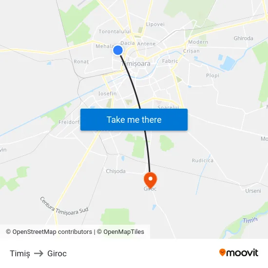 Timiș to Giroc map