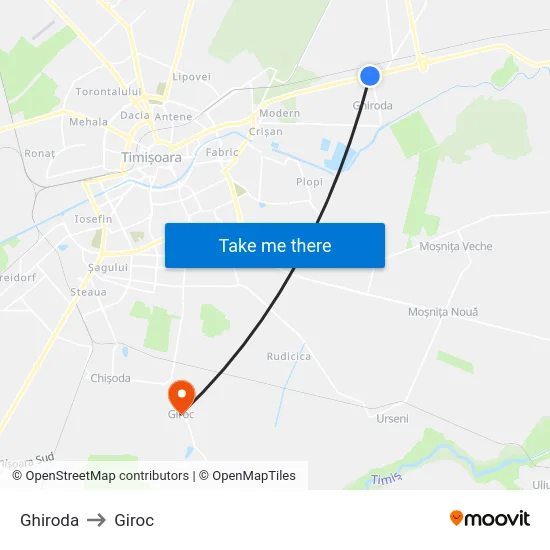 Ghiroda to Giroc map