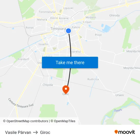 Vasile Pârvan to Giroc map