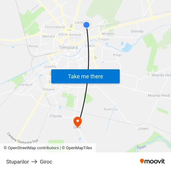 Stuparilor to Giroc map