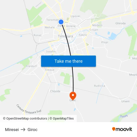 Miresei to Giroc map