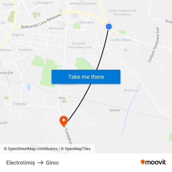 Electrotimiș to Giroc map