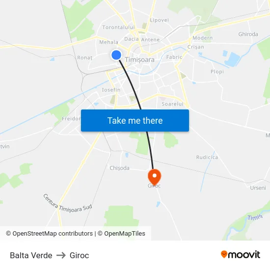 Balta Verde to Giroc map