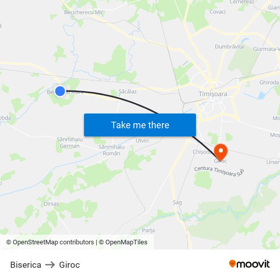 Biserica to Giroc map