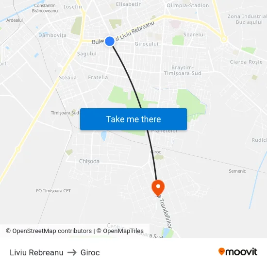 Liviu Rebreanu to Giroc map