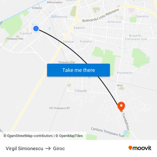 Virgil Simionescu to Giroc map