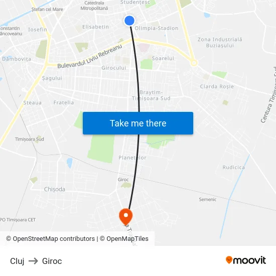 Cluj to Giroc map