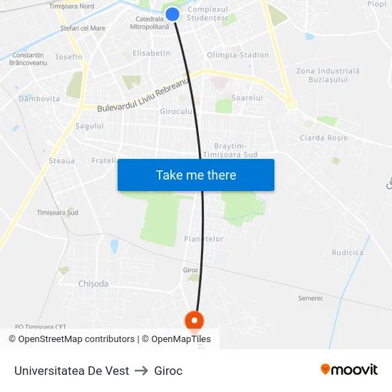Universitatea De Vest to Giroc map