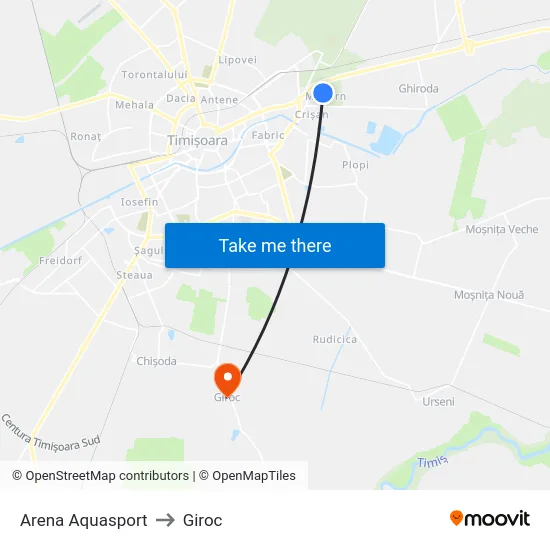 Arena Aqua to Giroc map