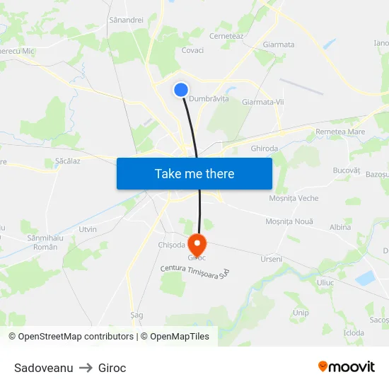 Sadoveanu to Giroc map