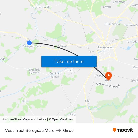 Vest Tract Beregsău Mare to Giroc map