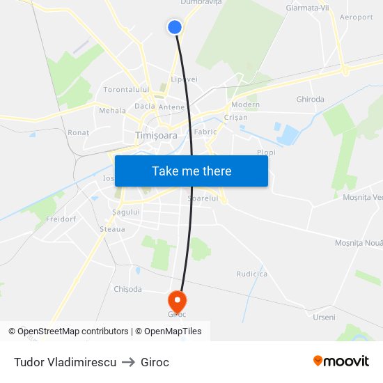 Tudor Vladimirescu to Giroc map