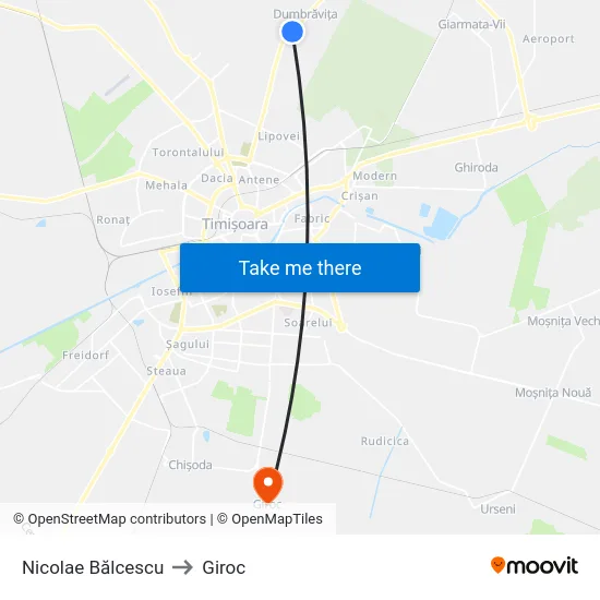 Dumbrăvița | Nicolae Bălcescu to Giroc map