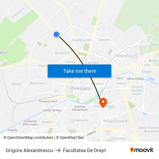 Grigore Alexandrescu to Facultatea De Drept map