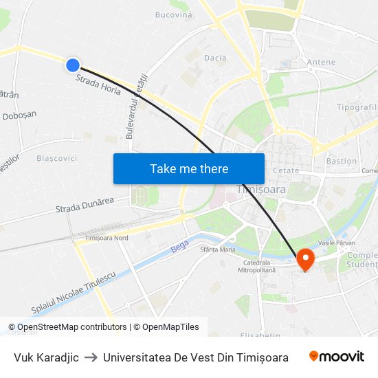 Vuk Karadjic to Universitatea De Vest Din Timișoara map