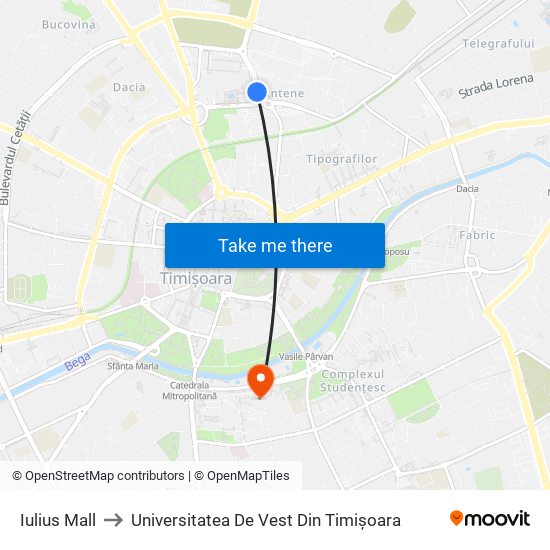 Iulius Mall to Universitatea De Vest Din Timișoara map