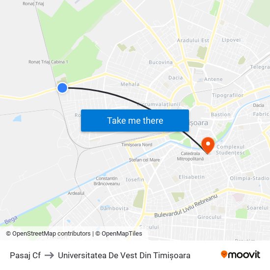 Pasaj Cf to Universitatea De Vest Din Timișoara map