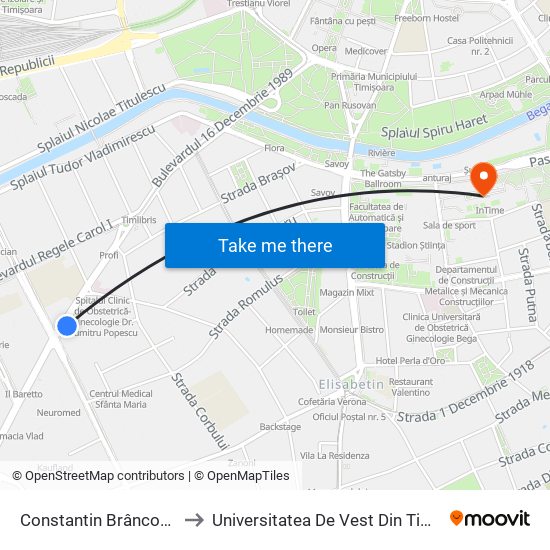 Constantin Brâncoveanu to Universitatea De Vest Din Timișoara map