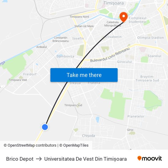 Brico Depot to Universitatea De Vest Din Timișoara map