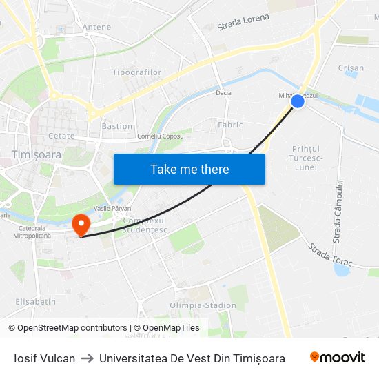 Iosif Vulcan to Universitatea De Vest Din Timișoara map