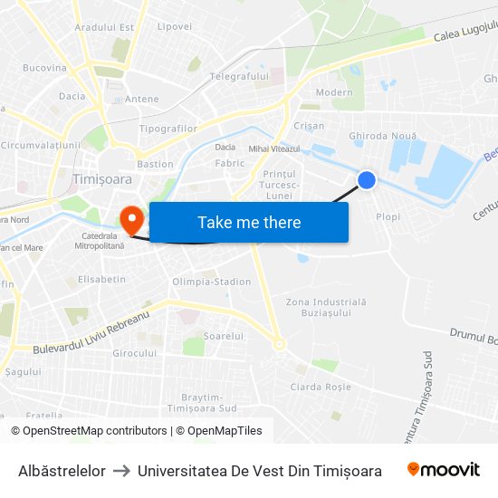 Albăstrelelor to Universitatea De Vest Din Timișoara map