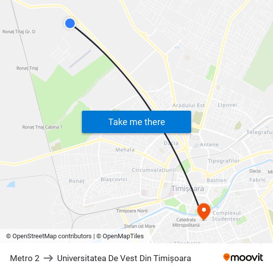 Metro 2 to Universitatea De Vest Din Timișoara map