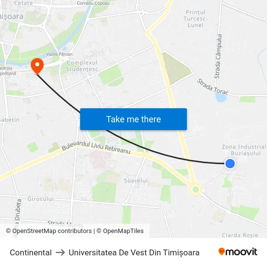 Continental to Universitatea De Vest Din Timișoara map