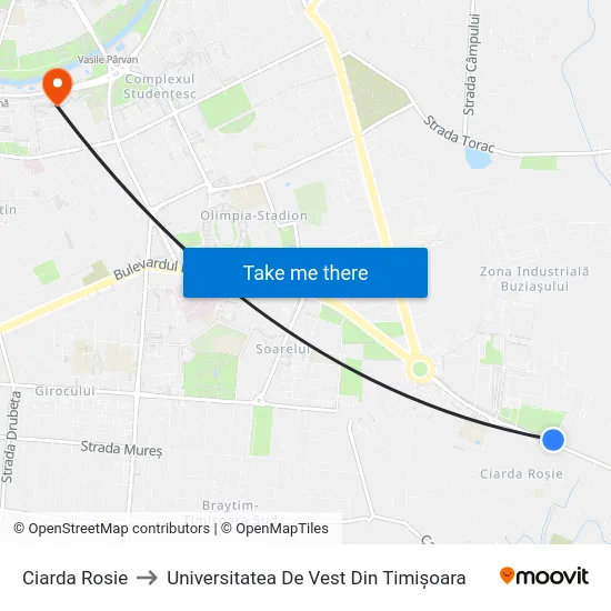 Ciarda Rosie to Universitatea De Vest Din Timișoara map