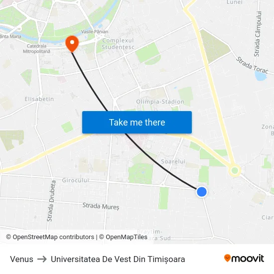 Venus to Universitatea De Vest Din Timișoara map