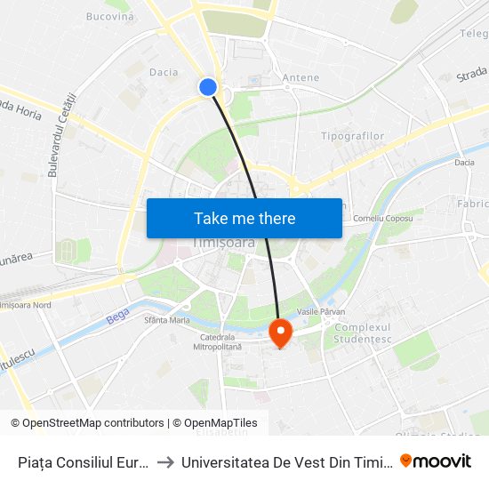 Piața Consiliul Europei to Universitatea De Vest Din Timișoara map