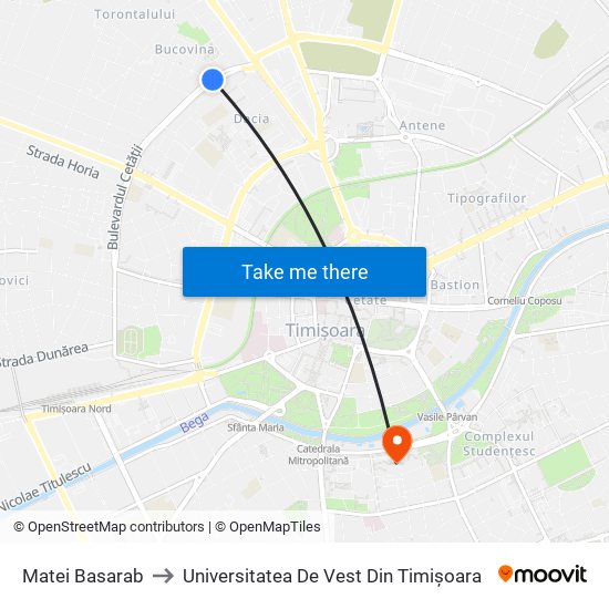 Matei Basarab to Universitatea De Vest Din Timișoara map