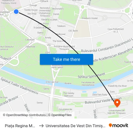 Piața Regina Maria to Universitatea De Vest Din Timișoara map
