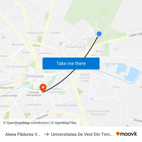 Aleea Pădurea Verde to Universitatea De Vest Din Timișoara map