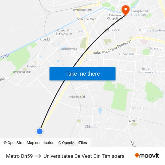 Metro Dn59 to Universitatea De Vest Din Timișoara map