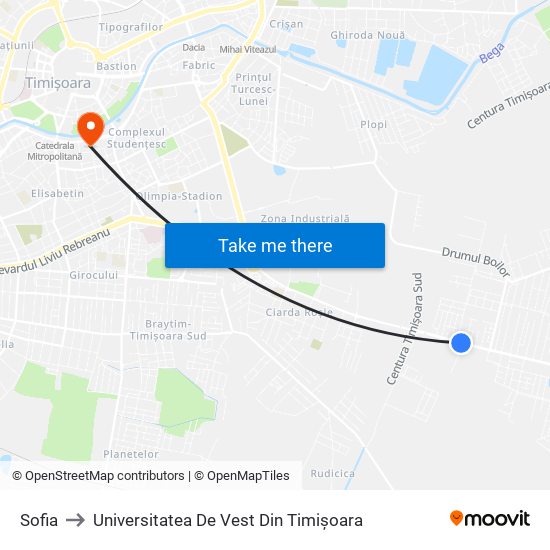 Sofia to Universitatea De Vest Din Timișoara map