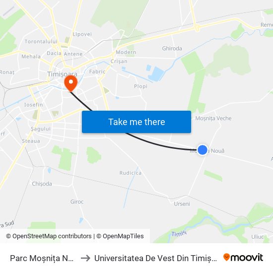 Parc Moșnița Nouă to Universitatea De Vest Din Timișoara map
