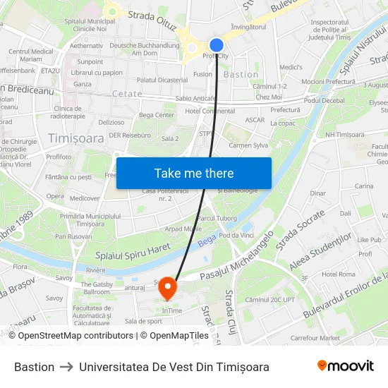 Bastion to Universitatea De Vest Din Timișoara map