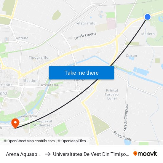 Arena Aquasport to Universitatea De Vest Din Timișoara map