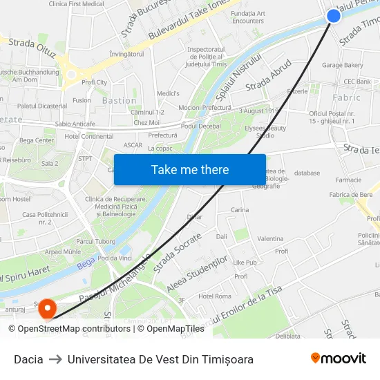 Dacia to Universitatea De Vest Din Timișoara map