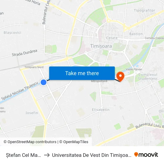 Ștefan Cel Mare to Universitatea De Vest Din Timișoara map