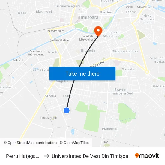 Petru Haţeganu to Universitatea De Vest Din Timișoara map