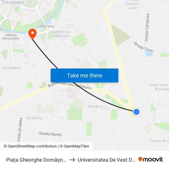 Piața Gheorghe Domășnean (Auchan) to Universitatea De Vest Din Timișoara map