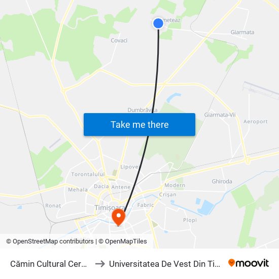 Cămin Cultural Cerneteaz to Universitatea De Vest Din Timișoara map