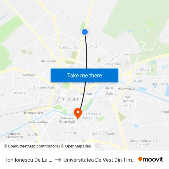Ion Ionescu De La Brad to Universitatea De Vest Din Timișoara map