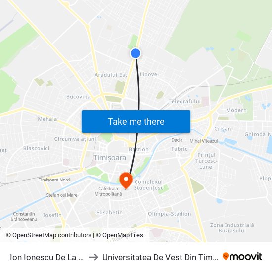 Ion Ionescu De La Brad to Universitatea De Vest Din Timișoara map