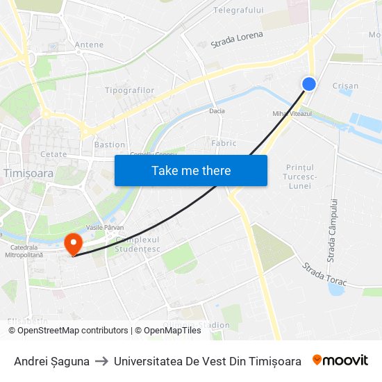 Andrei Șaguna to Universitatea De Vest Din Timișoara map