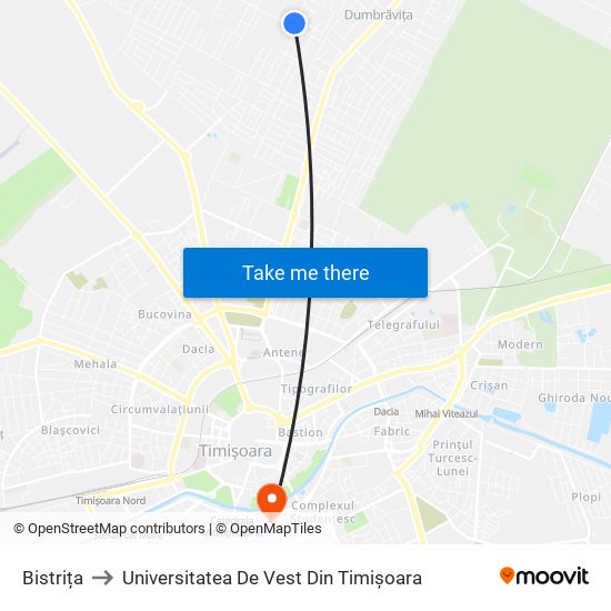 Bistrița to Universitatea De Vest Din Timișoara map